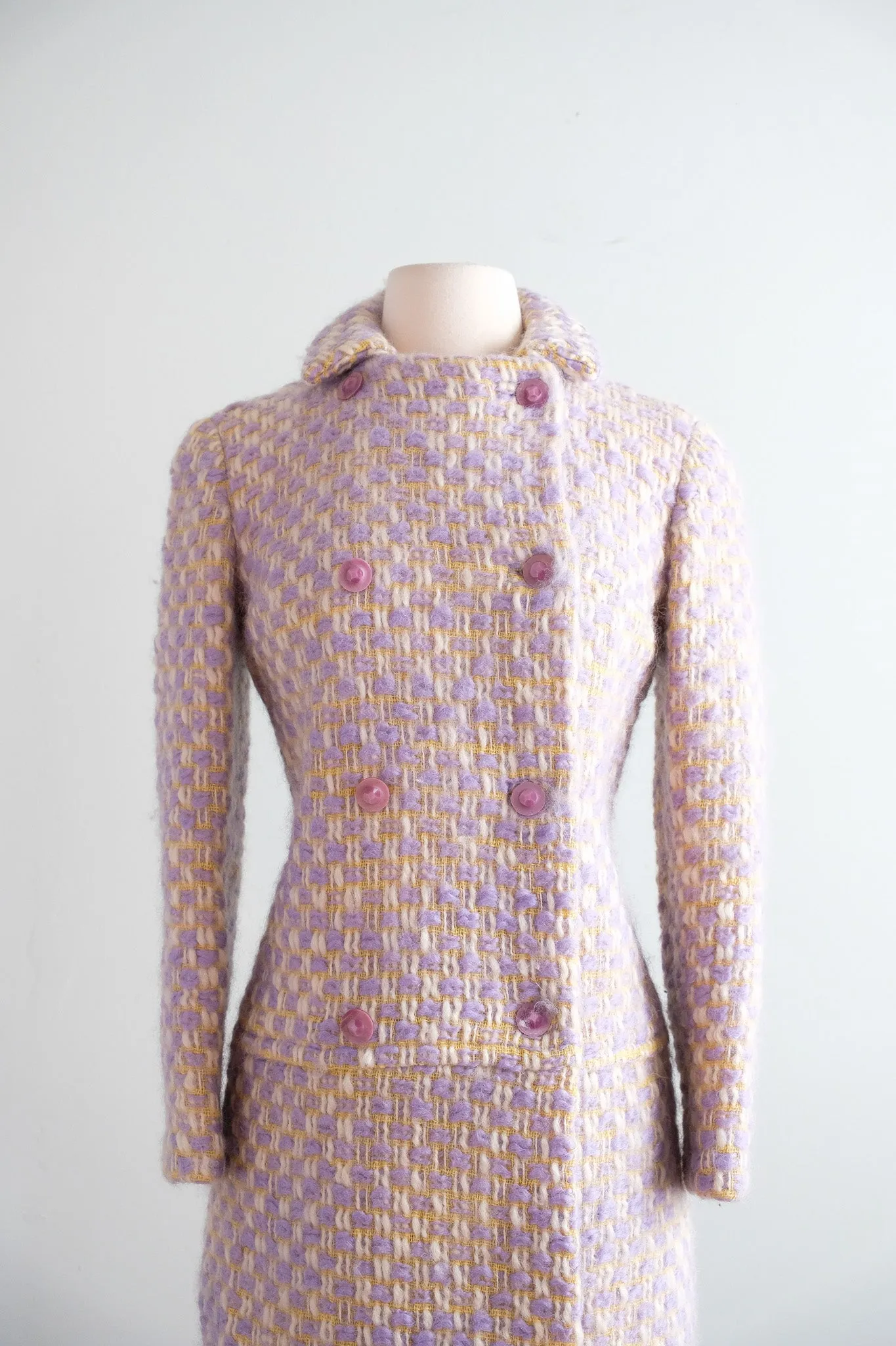 Vintage 1960's Pastel Yellow & Lavender Mohair Tweed Coat / XS