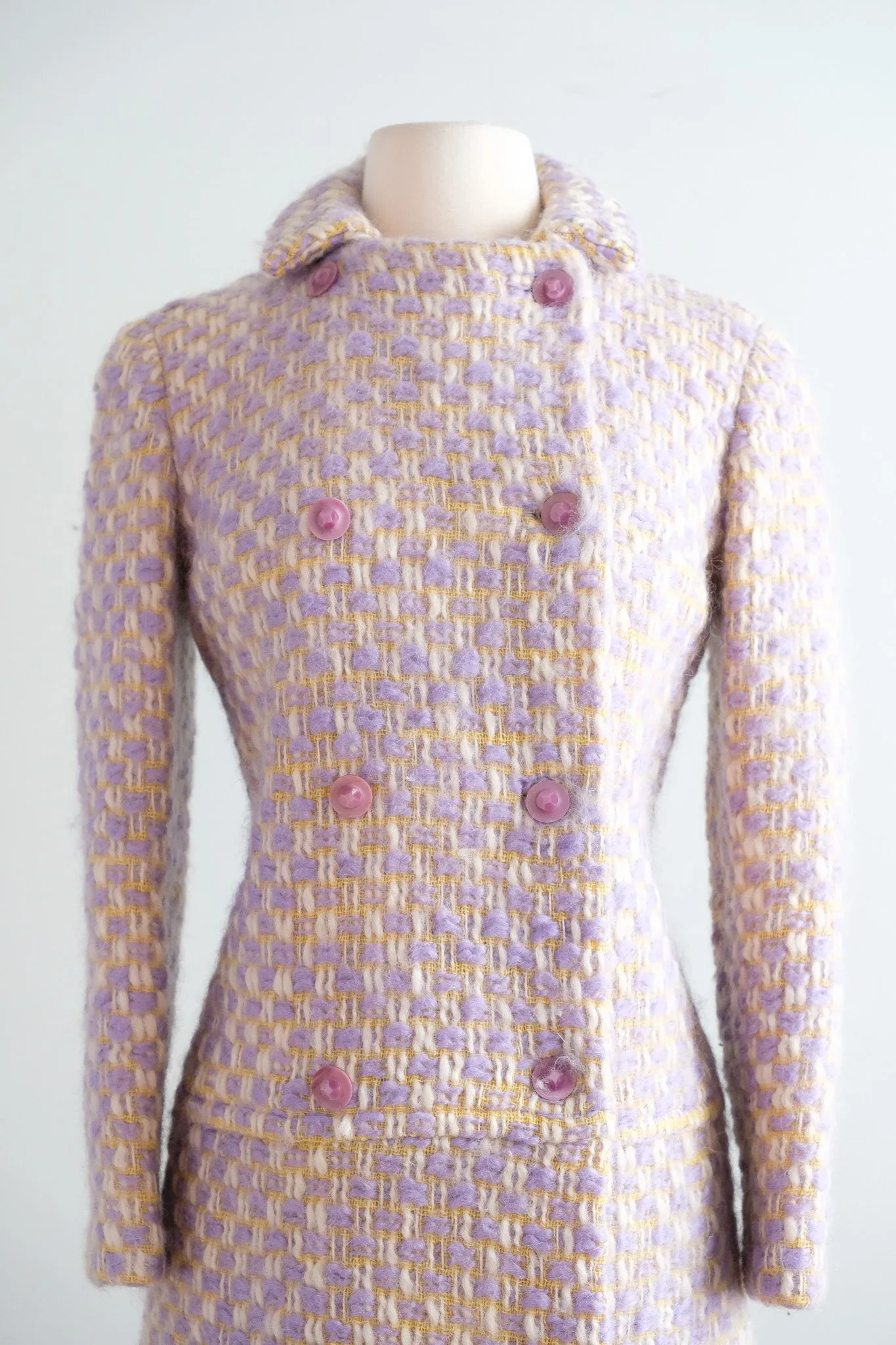Vintage 1960's Pastel Yellow & Lavender Mohair Tweed Coat / XS