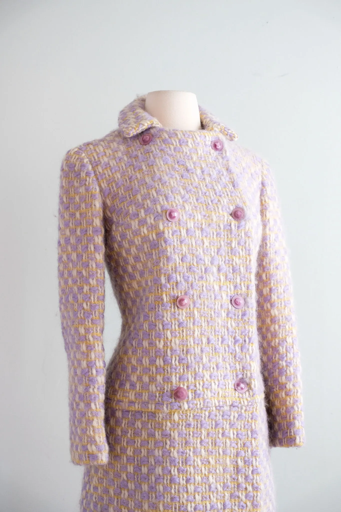 Vintage 1960's Pastel Yellow & Lavender Mohair Tweed Coat / XS
