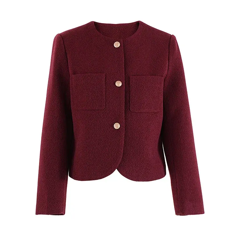 Wenkouban-Winter outfits Christmas Round Neck Loose Metal Button Short Office Blazer