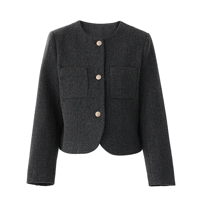 Wenkouban-Winter outfits Christmas Round Neck Loose Metal Button Short Office Blazer