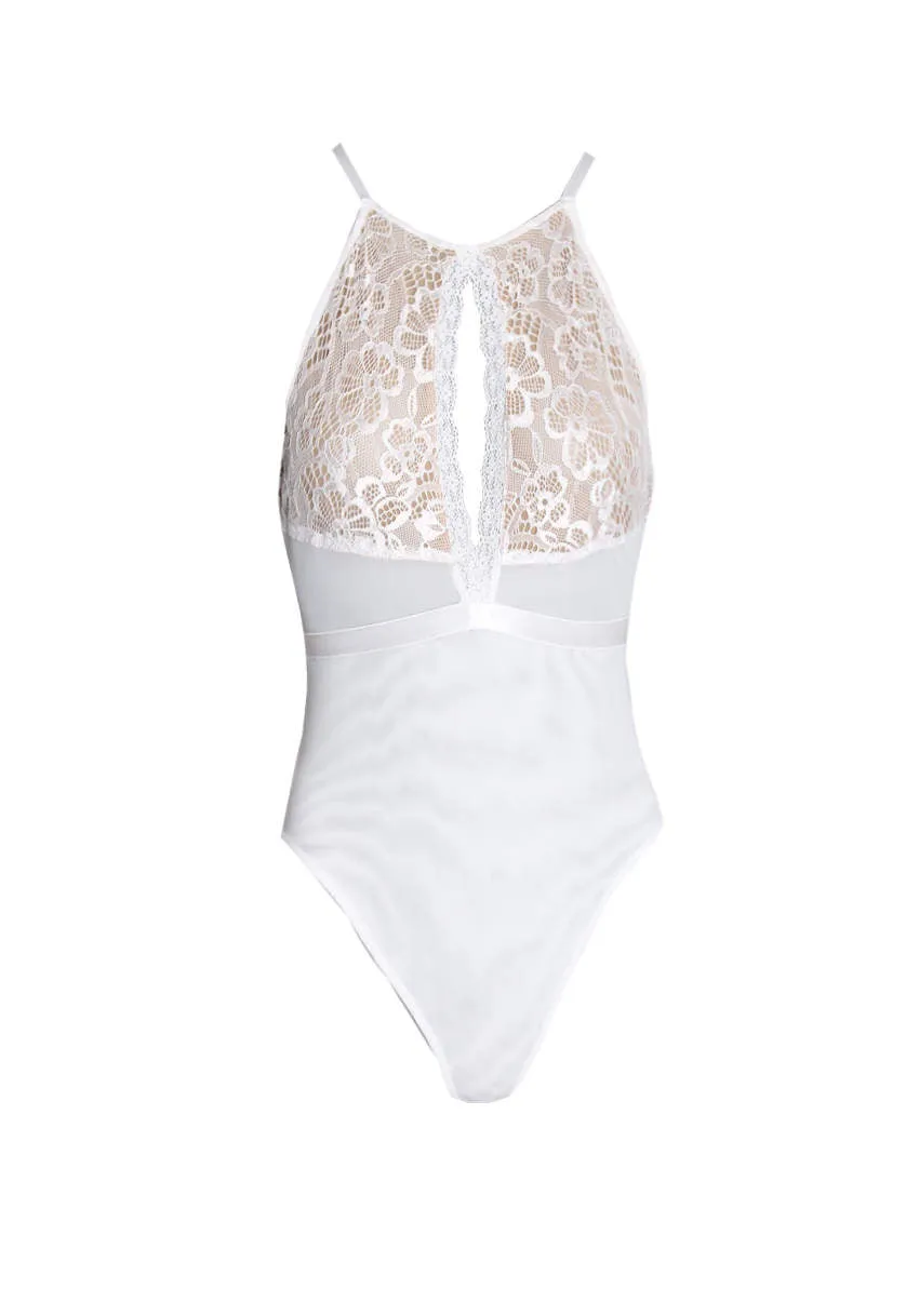 White Lace Mesh Open Back Bodysuit