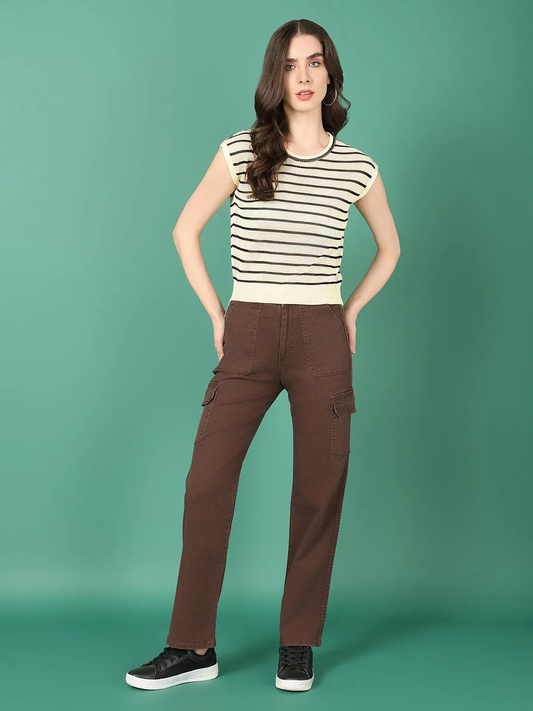 Women Beige Striped Crochet Top