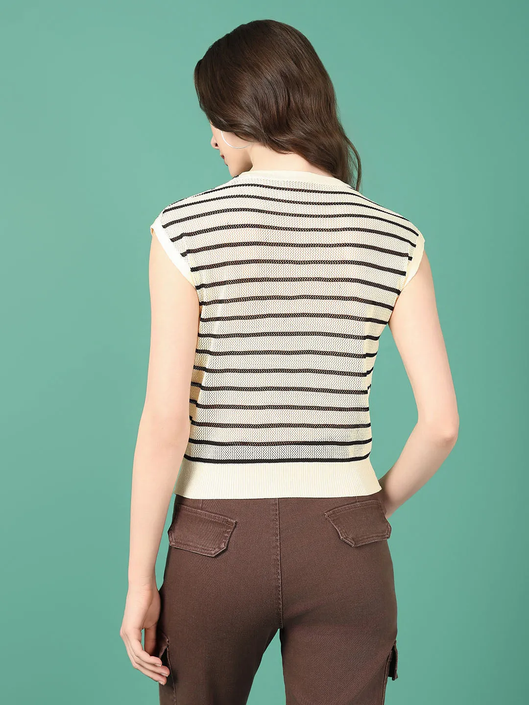 Women Beige Striped Crochet Top