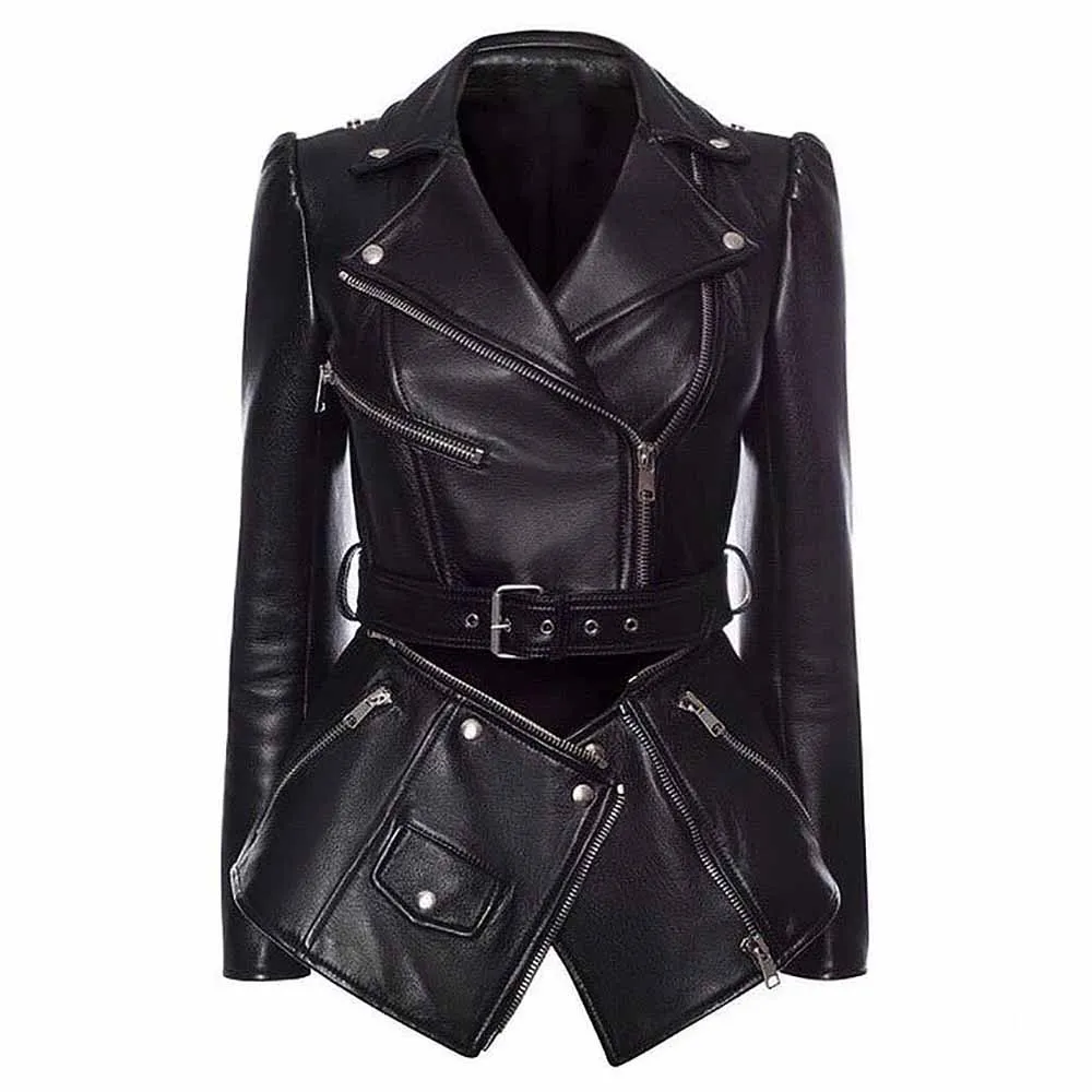 Women Black Lace Up Leather Jacket Moto Biker Blazer With Zipper