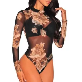 Women Floral Printed Mesh Pattern Bodysuit
