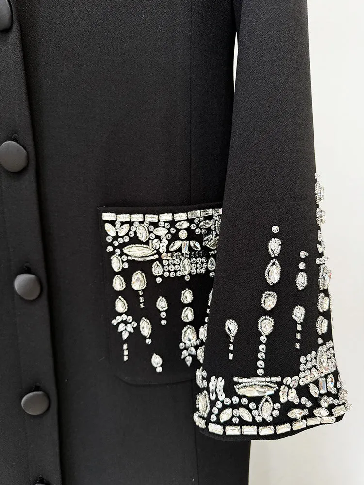 Women Maxi Fishtail Dress Gown Black with Luxury Hand Sewn Diamonds Jewellery