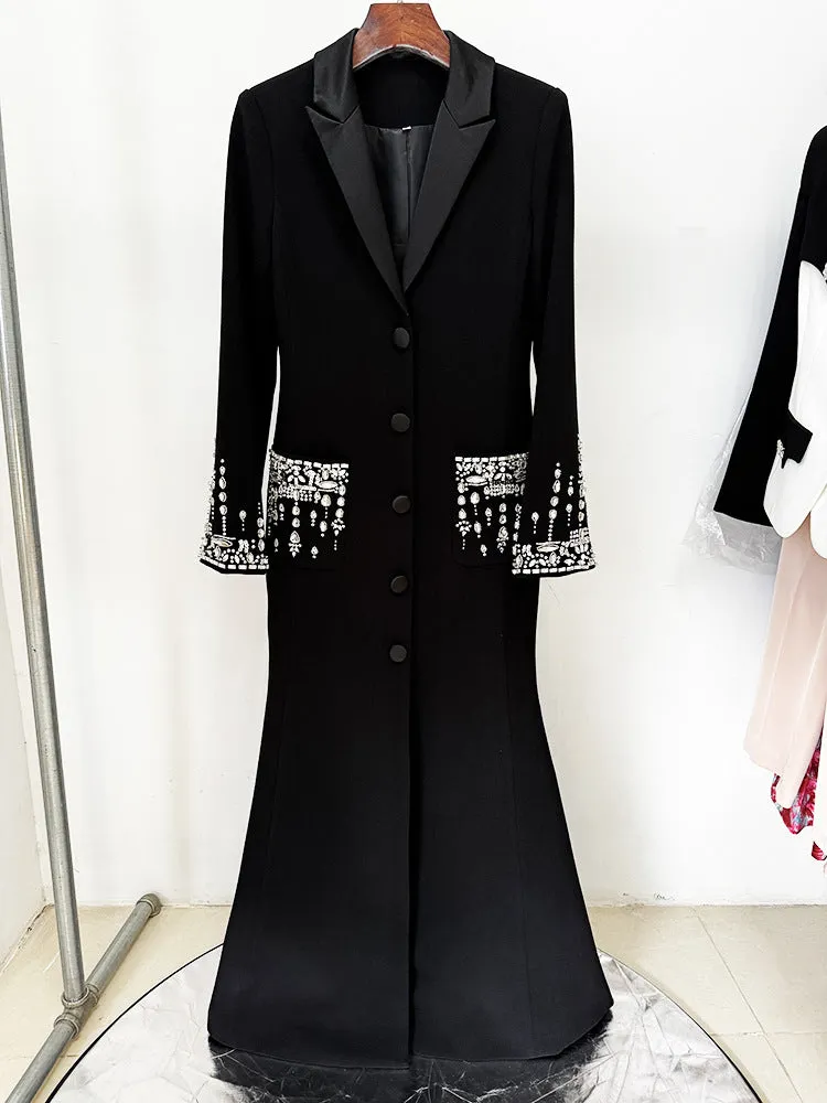 Women Maxi Fishtail Dress Gown Black with Luxury Hand Sewn Diamonds Jewellery