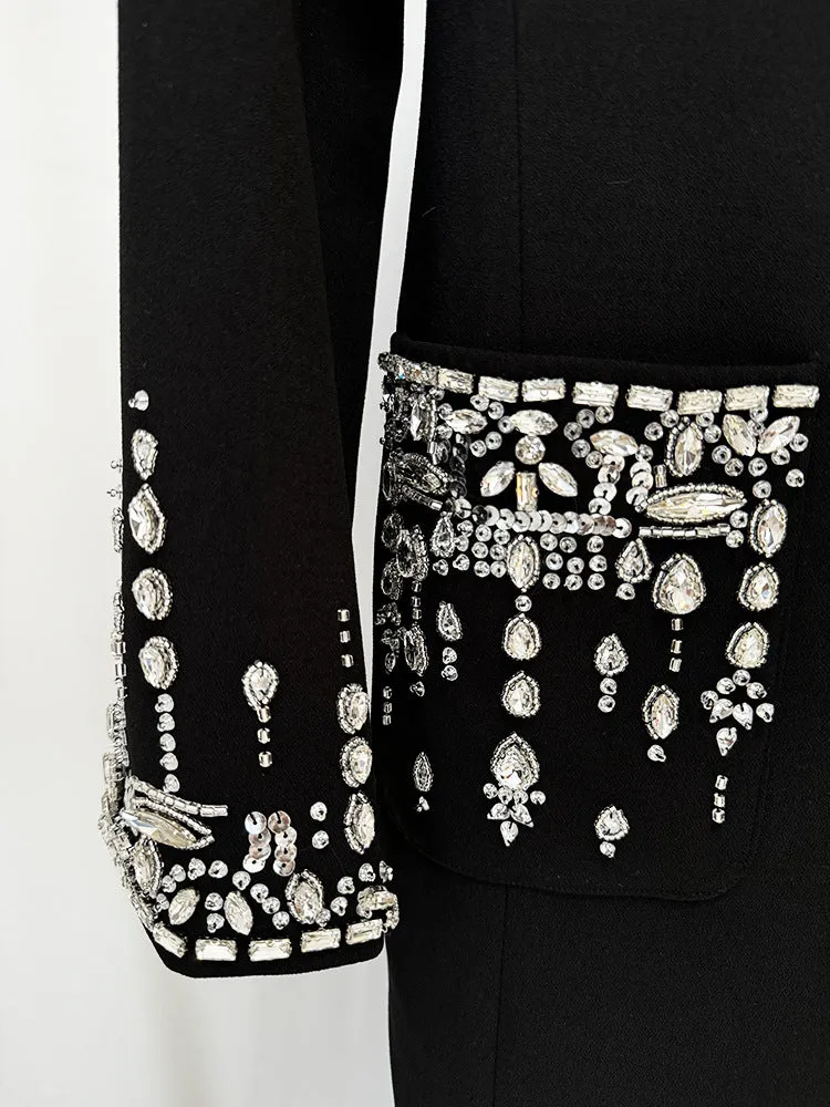 Women Maxi Fishtail Dress Gown Black with Luxury Hand Sewn Diamonds Jewellery