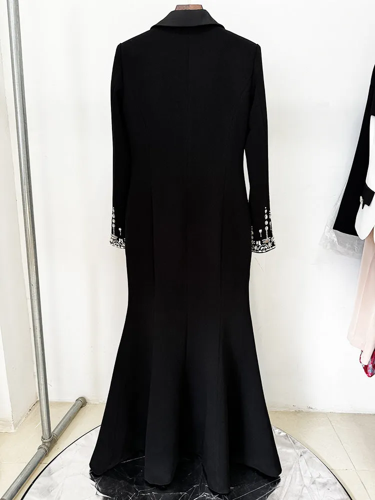 Women Maxi Fishtail Dress Gown Black with Luxury Hand Sewn Diamonds Jewellery