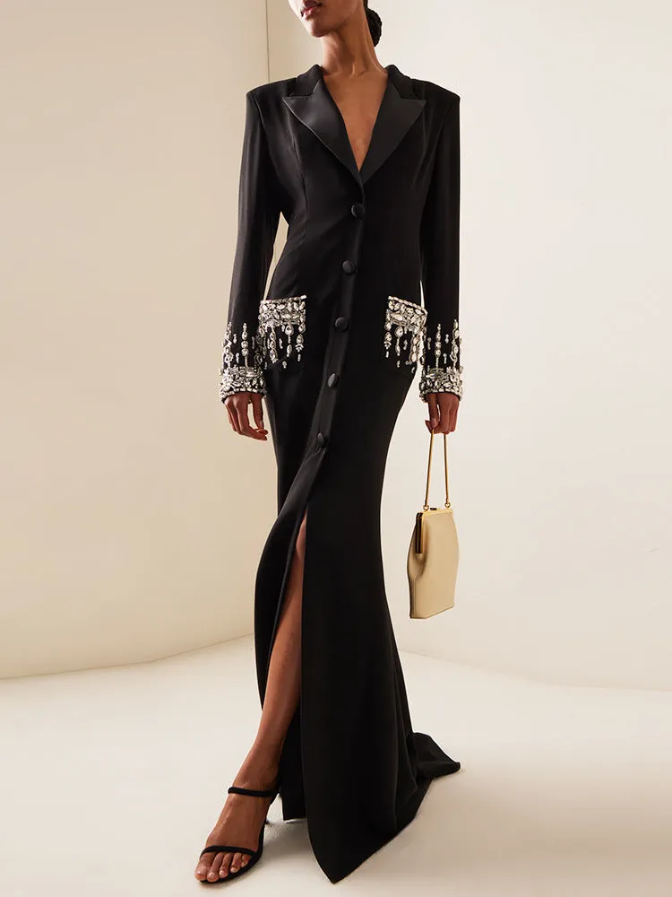 Women Maxi Fishtail Dress Gown Black with Luxury Hand Sewn Diamonds Jewellery