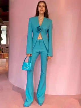 Women Pants Suit Blue 3D Flower Fitted Blazer   Flare Trousers Pants Suit