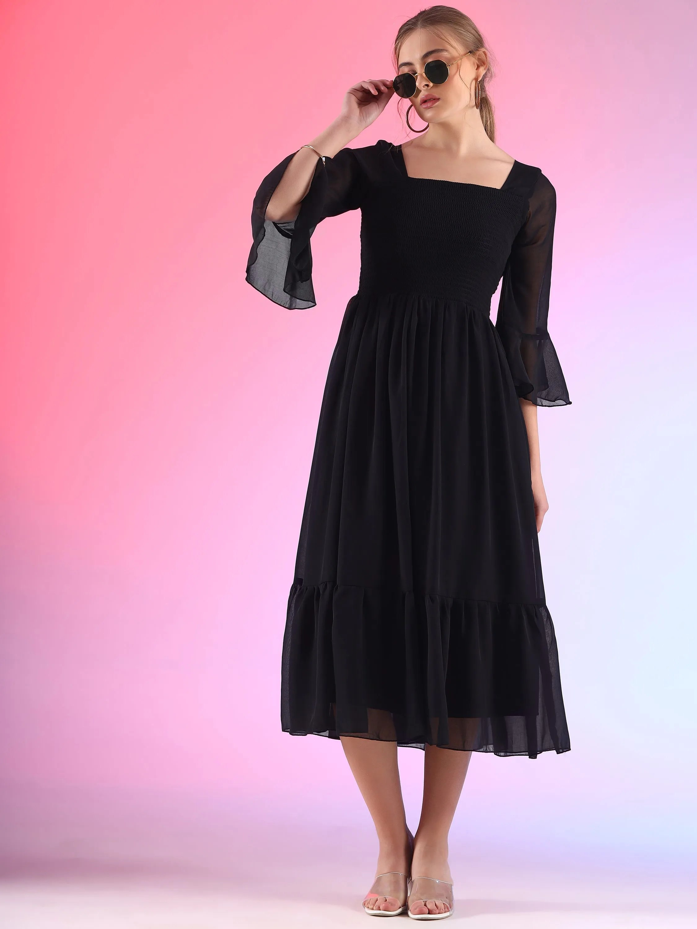 Women Solid Georgette Smoking A-line Midi Dress