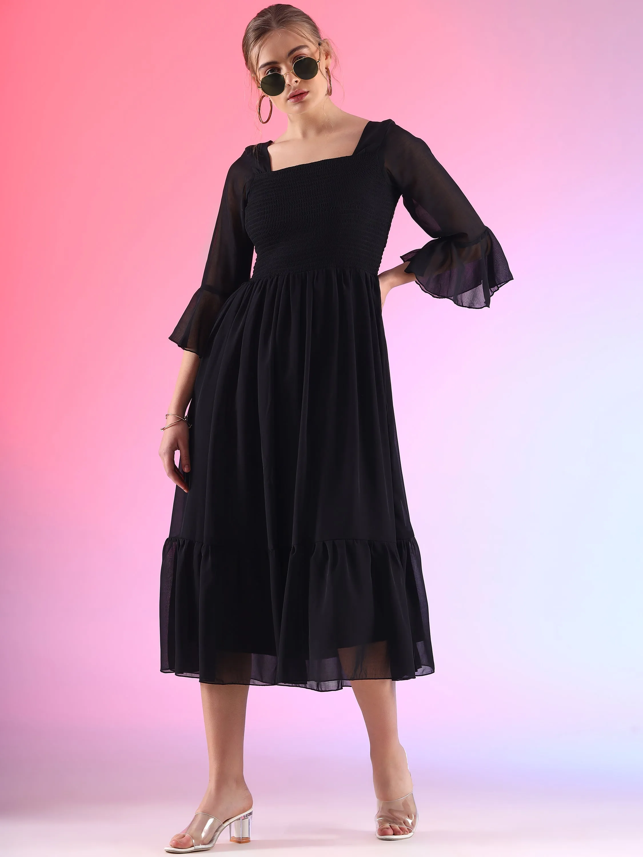 Women Solid Georgette Smoking A-line Midi Dress
