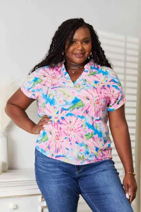 Women's Double Take Floral Notched Neck Short Sleeve Top
