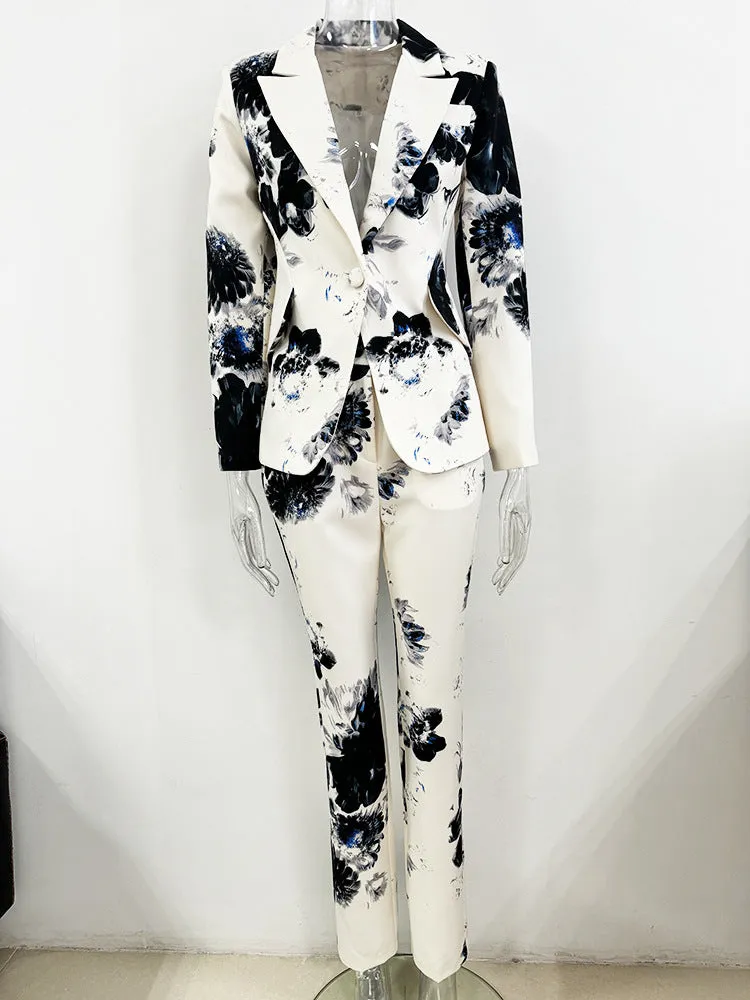 Women's Floral Fitted Beige Blazer   Pencil Pants Trousers Suit