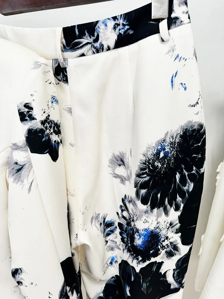 Women's Floral Fitted Beige Blazer   Pencil Pants Trousers Suit