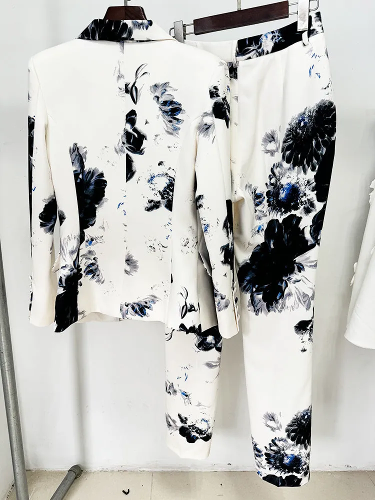 Women's Floral Fitted Beige Blazer   Pencil Pants Trousers Suit