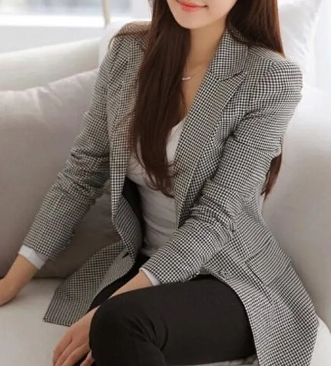 Womens Gray Single Button Checkered Blazer