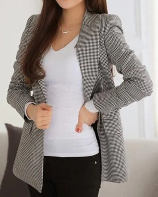 Womens Gray Single Button Checkered Blazer