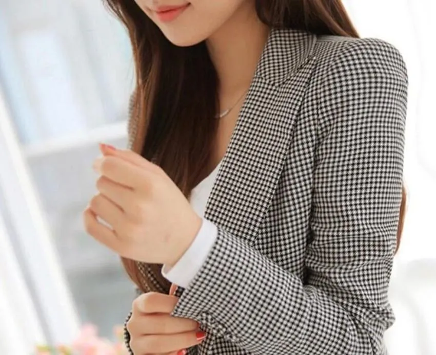 Womens Gray Single Button Checkered Blazer