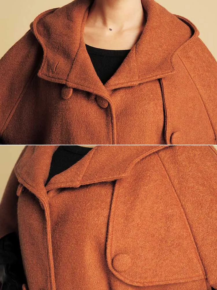 Women's hooded Winter wool cape coat 0390#