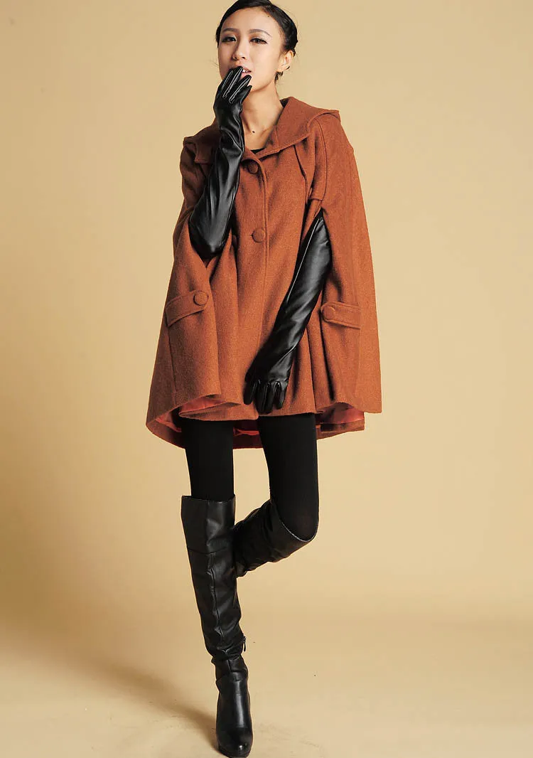Women's hooded Winter wool cape coat 0390#