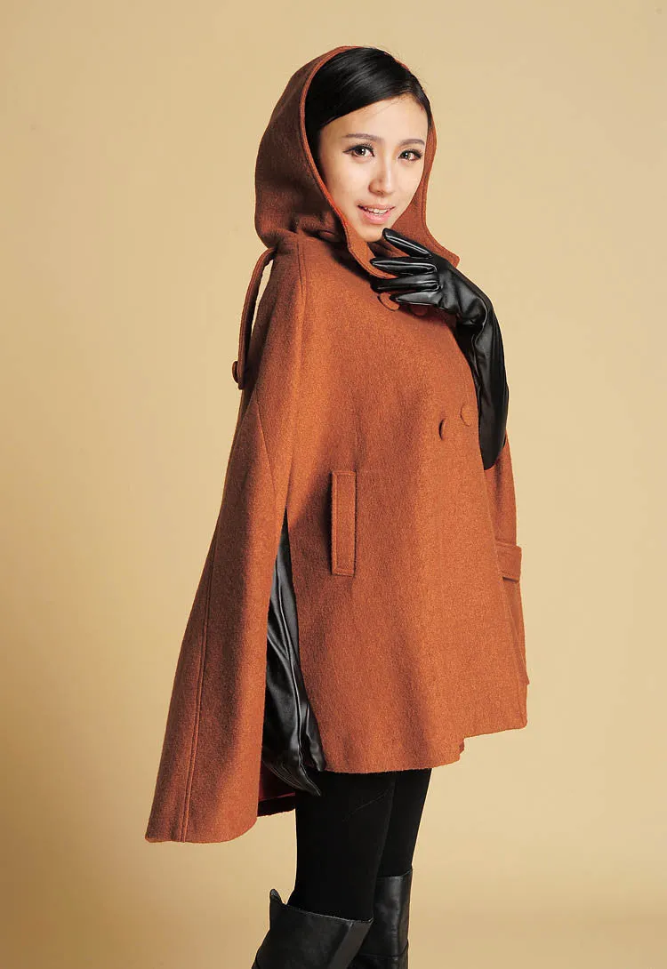 Women's hooded Winter wool cape coat 0390#