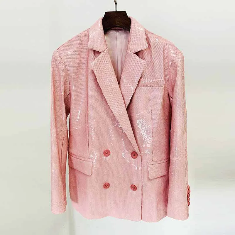Women's Luxury Over-Size Pink-Color Sequinned Mid-length Blazer Coat, Performance costume