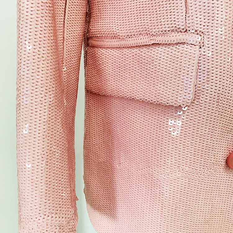 Women's Luxury Over-Size Pink-Color Sequinned Mid-length Blazer Coat, Performance costume