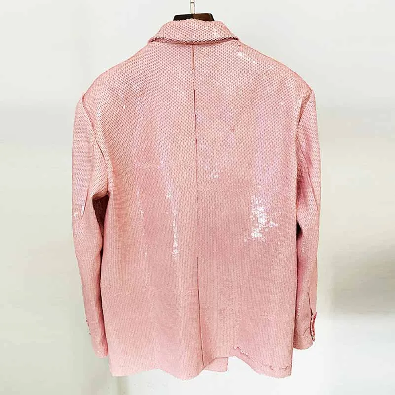 Women's Luxury Over-Size Pink-Color Sequinned Mid-length Blazer Coat, Performance costume