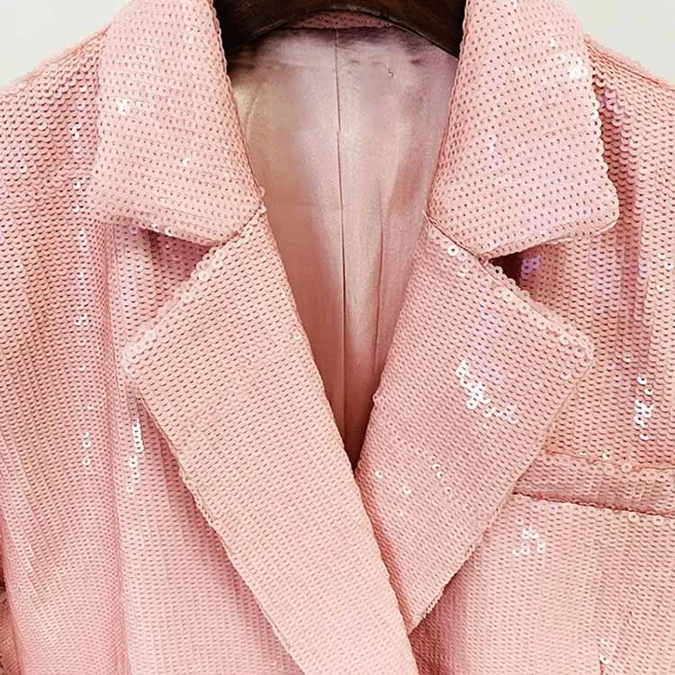Women's Luxury Over-Size Pink-Color Sequinned Mid-length Blazer Coat, Performance costume